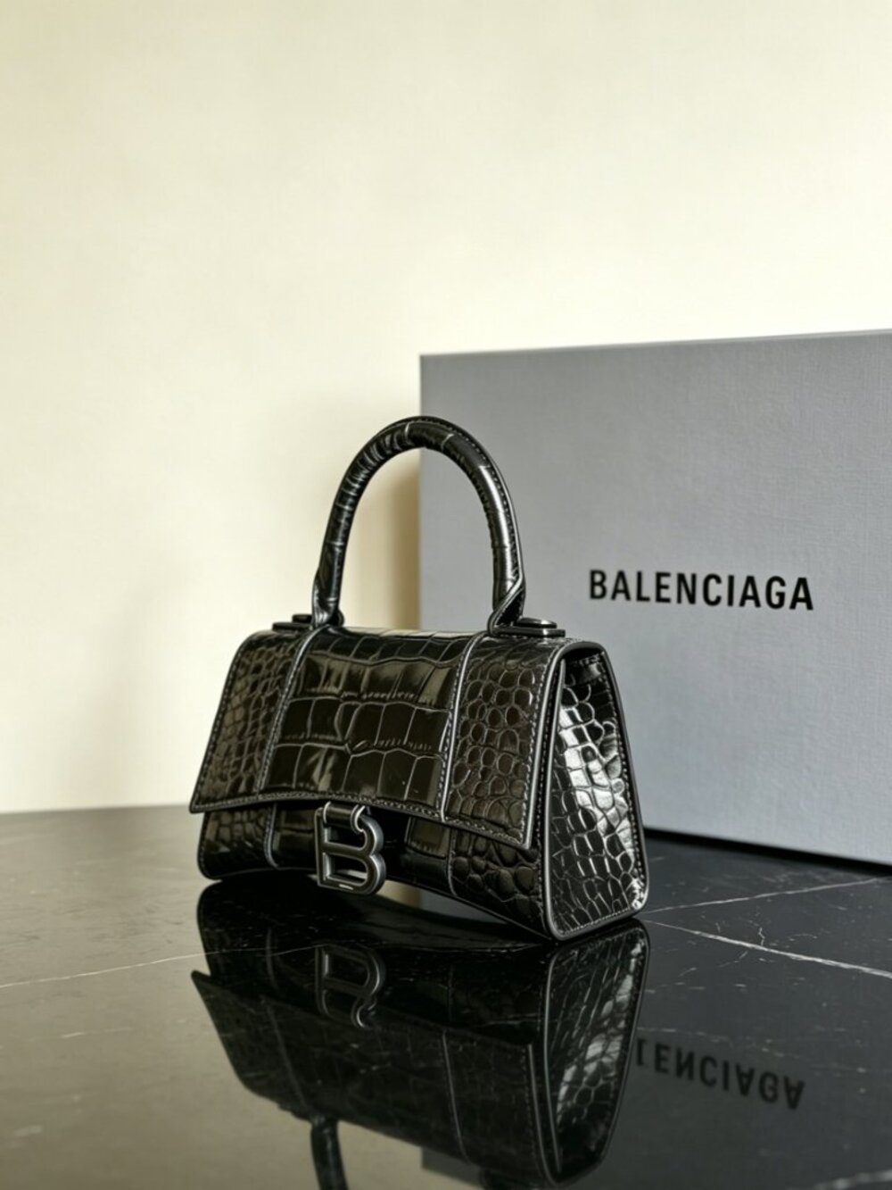 Balenciaga Hourglass XS Black Crocodile Embossed Handbag - Picture 5 of 7